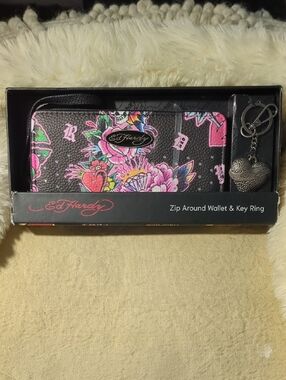 Ed Hardy Black Wallet with Pink Floral Tattoo Print and Key Ring NOW ONLY $30